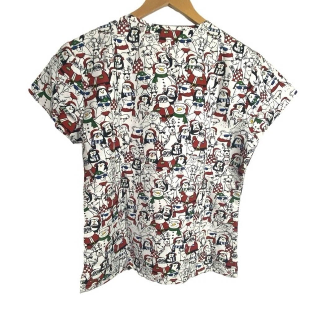 Christmas Santa Penguins Women’s Scrub Top - Picture 3 of 6